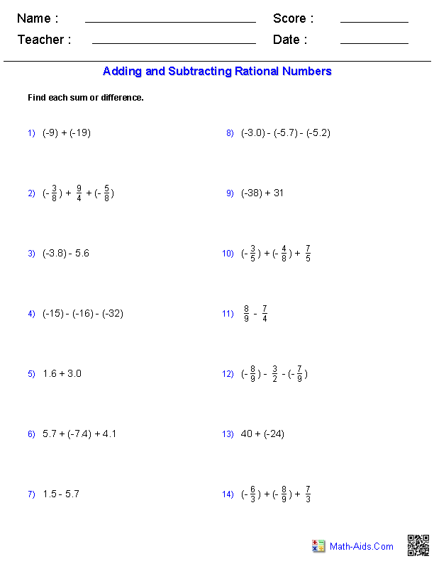 Adding & Subtracting Rational Numbers Algebra 1 Worksheets