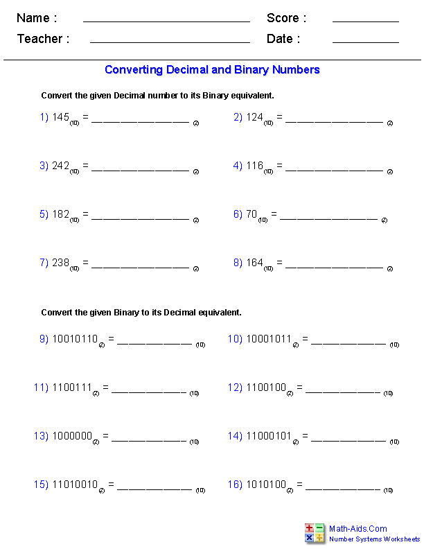 Decimal & Binary Number Systems Worksheets