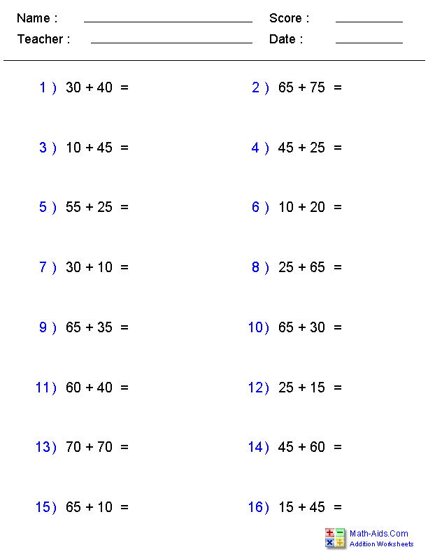 Adding Two Digit Numbers Addition Worksheets
