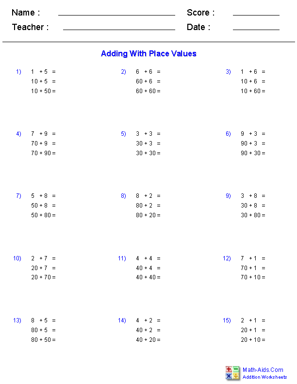 Place Values Addition Worksheets