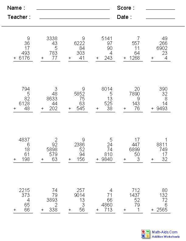 2, 3, 4, or 5 Addends with 1, 2, 3, or 4 Digits Addition Worksheets