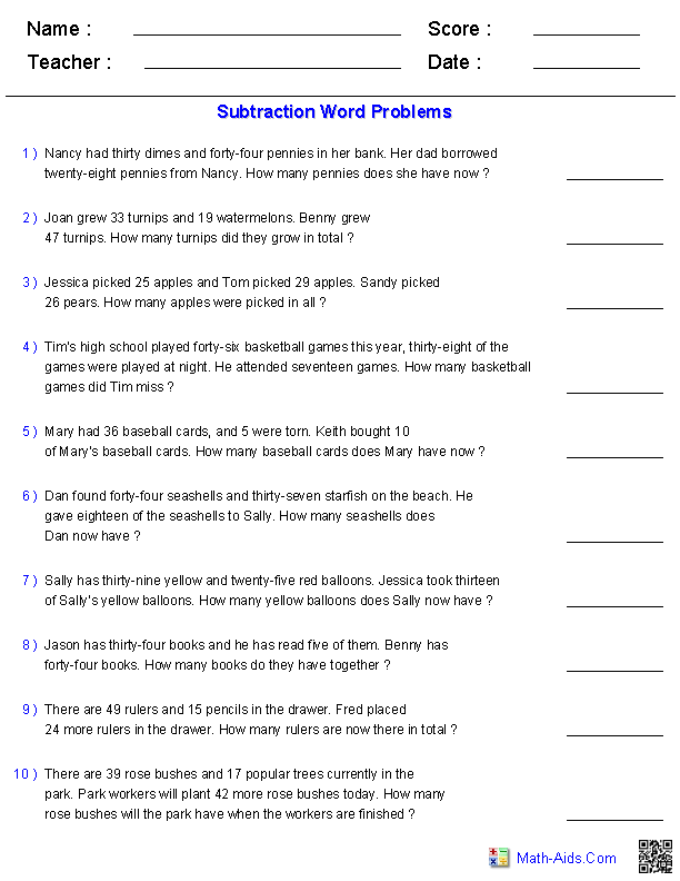 Adding & Subtracting with 2 Digit Numbers Word Problems Worksheets