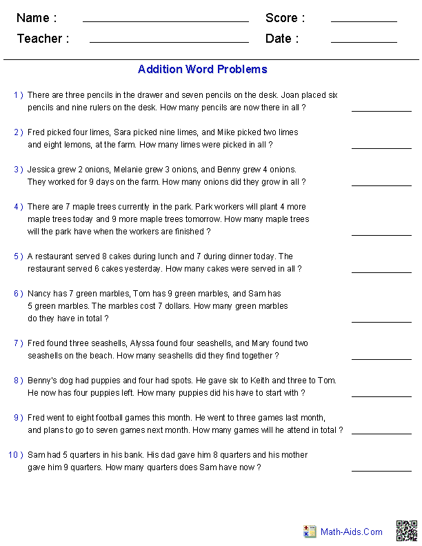 Addition with 1 Digit & 3 Addends Word Problems Worksheets