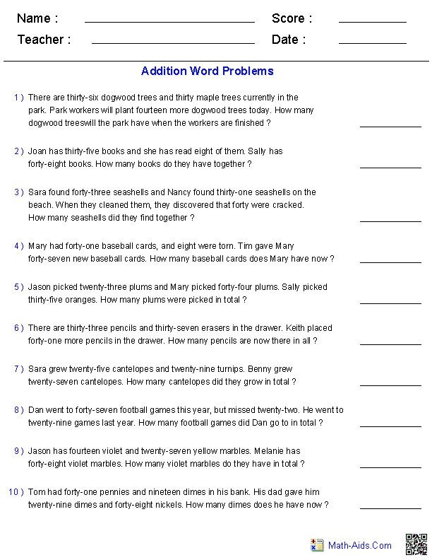 Addition with 2 Digits & 2 Addends Word Problems Worksheets