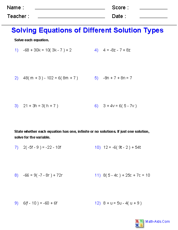 Algebra 1 Worksheets  Equations Worksheets