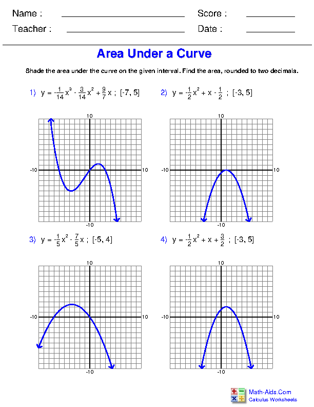 Area Under A Curve Integration Applications Worksheets