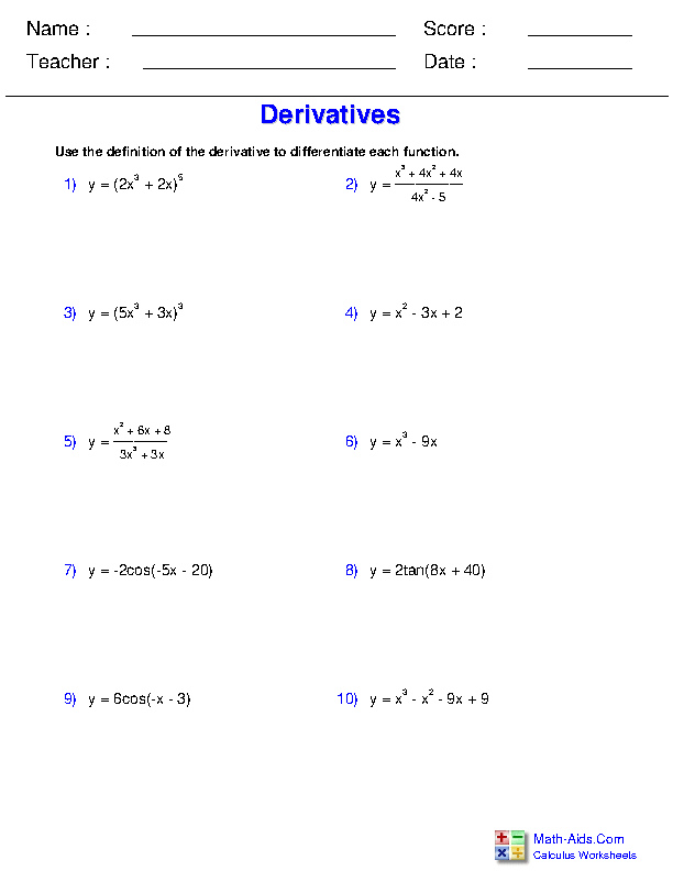 Definition of the Derivative Differentiation Rules Worksheets