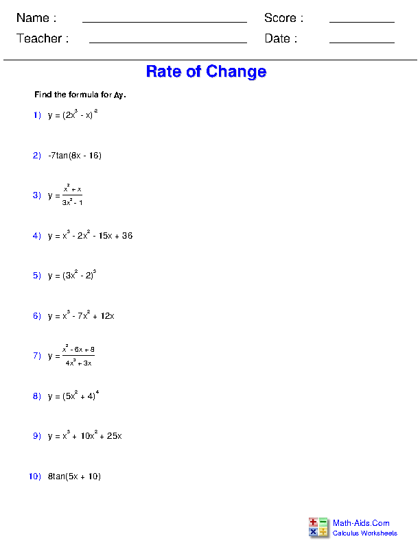 Formulas for Rates of Change Differential Applications Worksheets