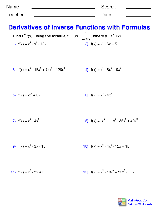 Derivatives of Inverse Functions Differentiation Rules Worksheets