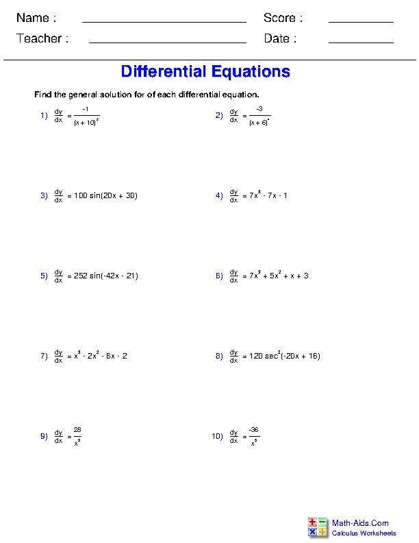 Differential Equations Differential Equations Worksheets