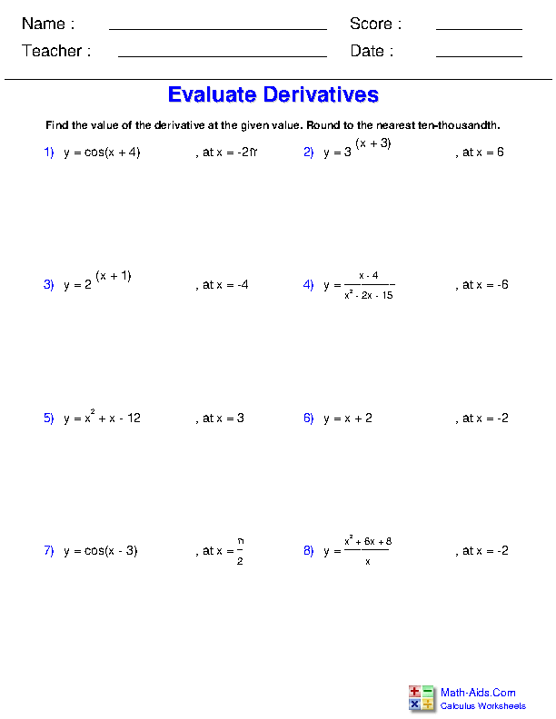 Evaluate a Derivative at a Point Differential Applications Worksheets