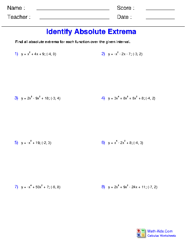 Identify Absolute Extrema Differential Applications Worksheets