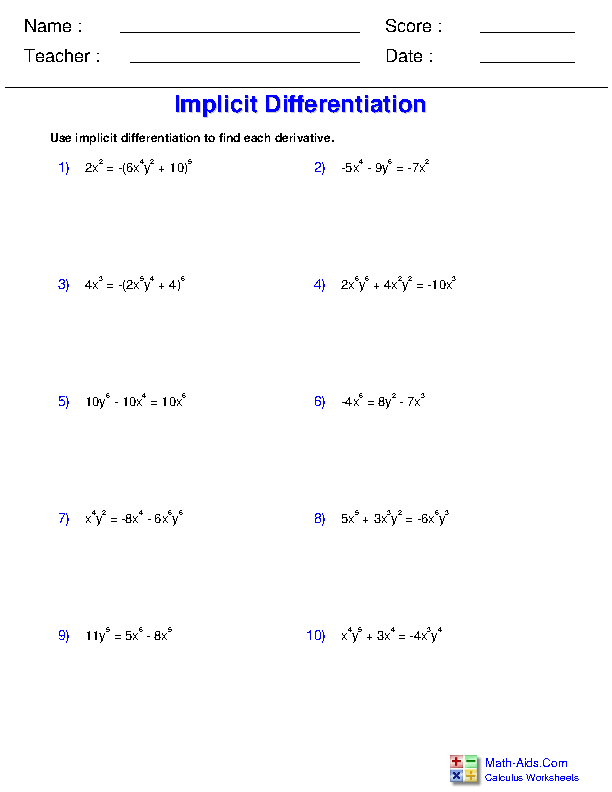 Implicit Differentiation Differentiation Rules Worksheets
