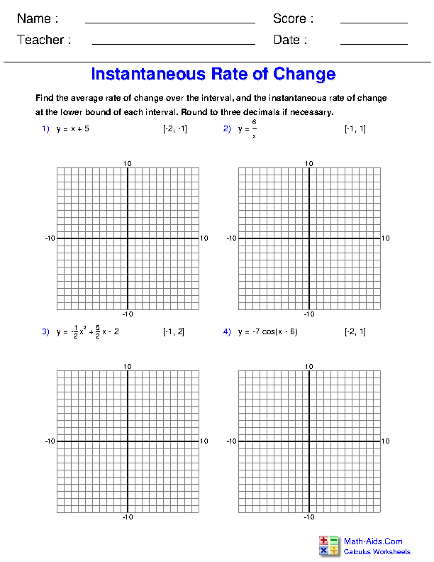 Instant and Average Rate of Change Differentiation Rules Worksheets