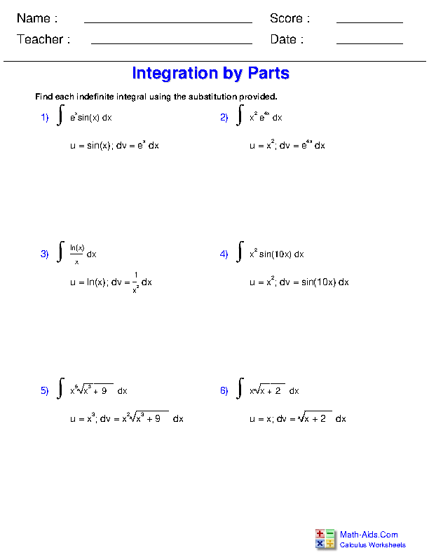 Integration by Parts Indefinite Integration Worksheets