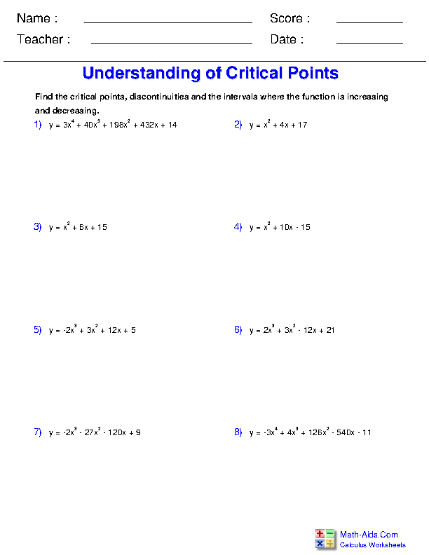 Understand Critical Points Differential Applications Worksheets