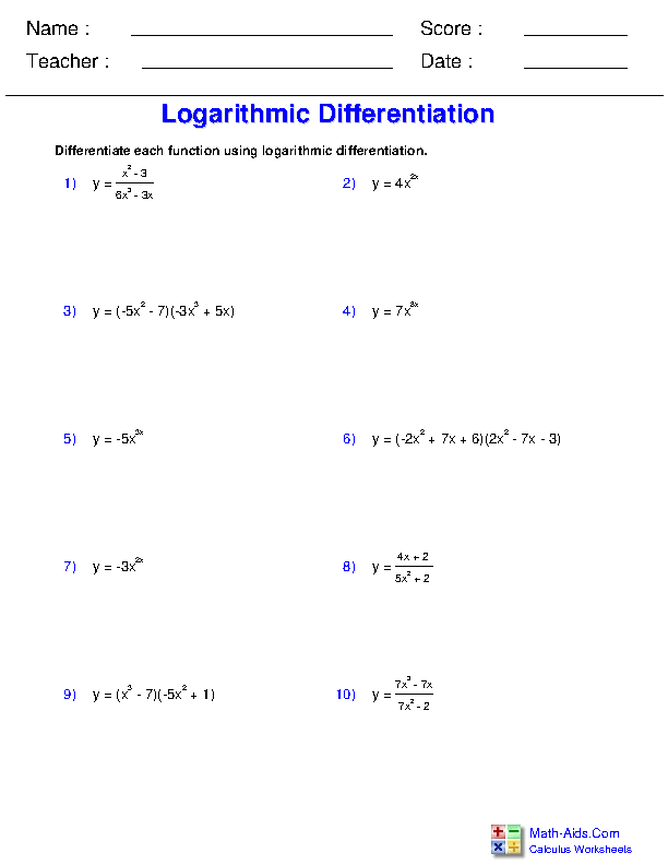 Logarithmic Differentiation Differentiation Rules Worksheets