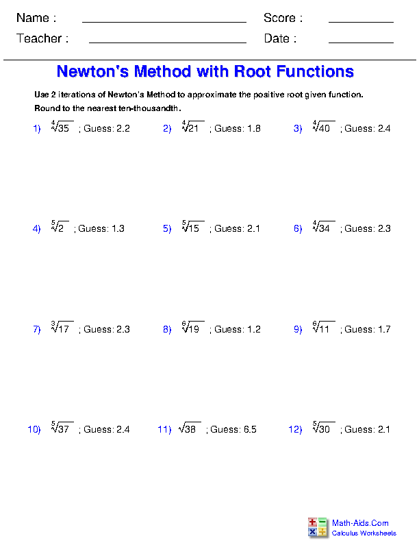 Newton's Method with Root Functions Differential Applications Worksheets