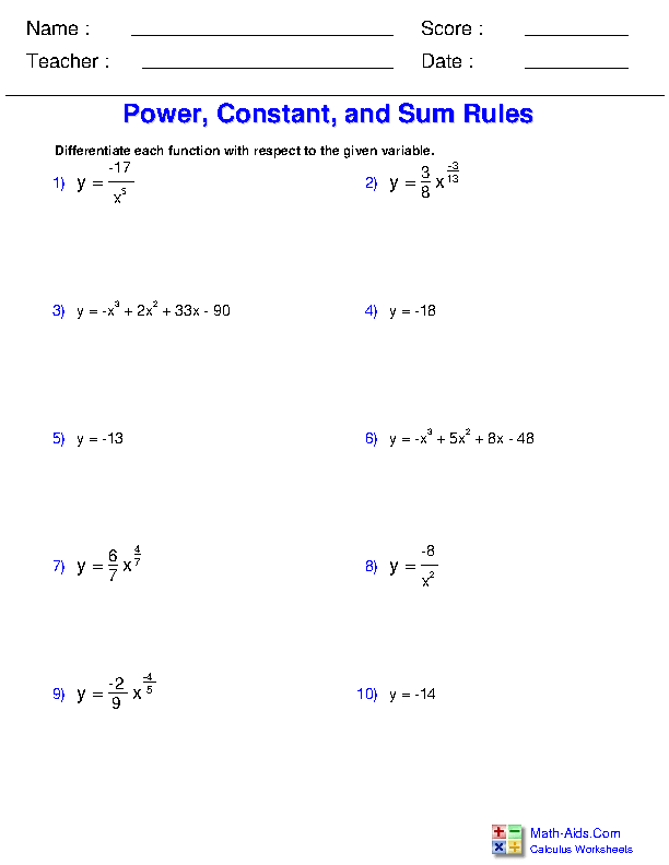 Power, Constant and Sum Rules Differentiation Rules Worksheets