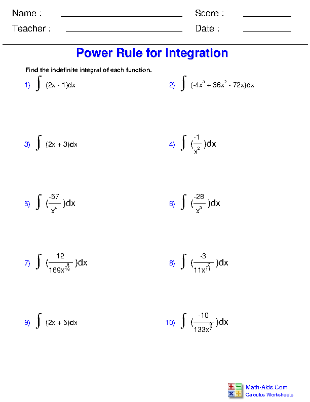 Power Rule Indefinite Integration Worksheets