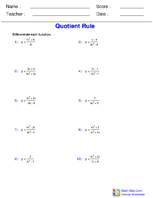 Quotient Rule Differentiation Rules Worksheets