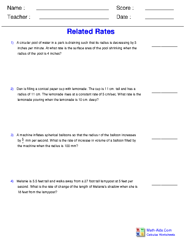 Related Rates Differential Applications Worksheets