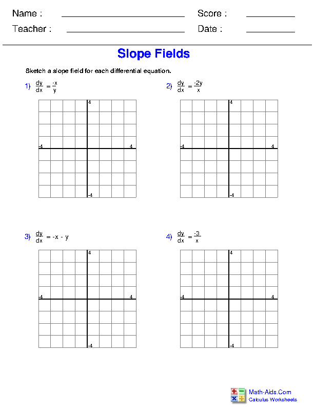 Drawing Slope Fields Differential Equations Worksheets