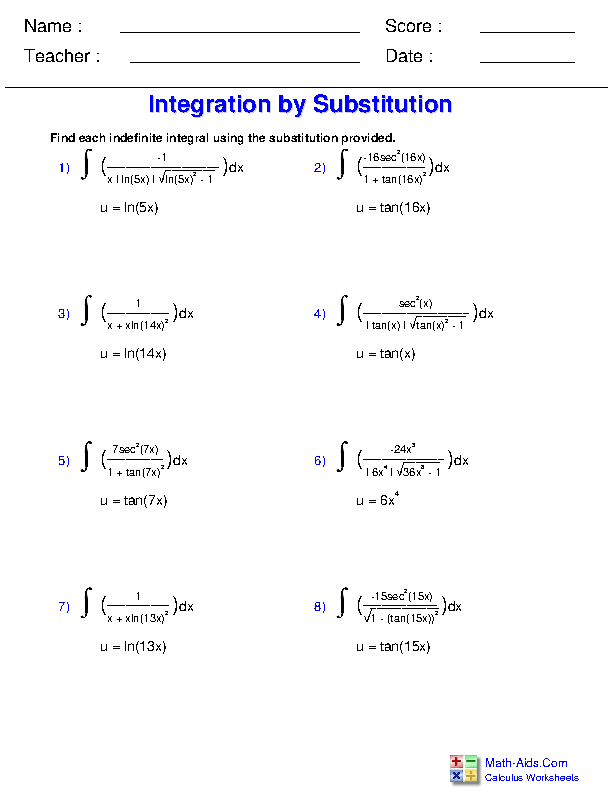 Substitution with Inverse Trig Functions Indefinite Integration Worksheets