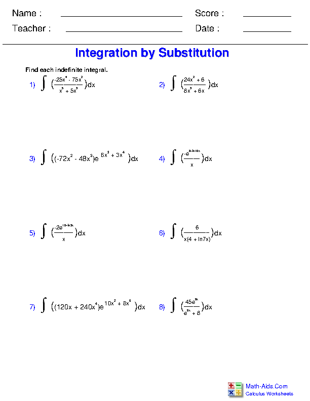 Substitution with Logs and Expos Indefinite Integration Worksheets