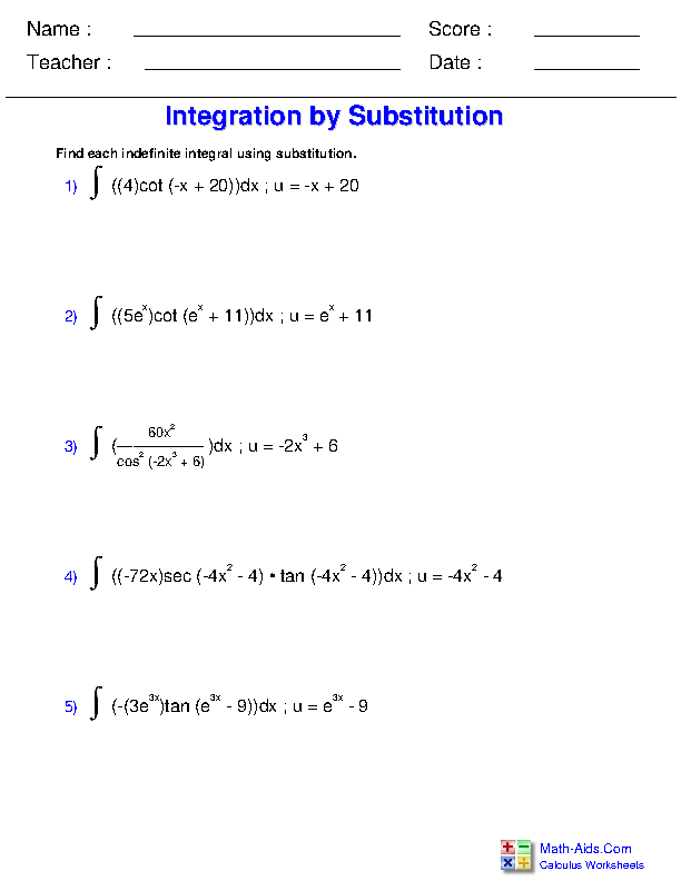 Substitution with Trig Functions Indefinite Integration Worksheets