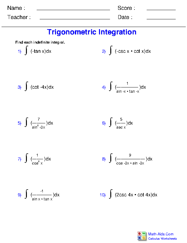 Trigonometric Integration Indefinite Integration Worksheets