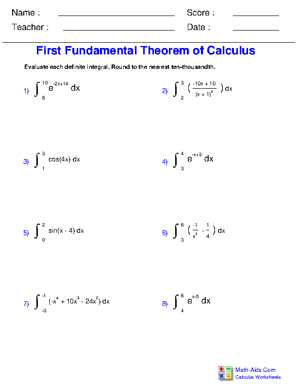 First Fundamental Theorem of Definite Integration Worksheets