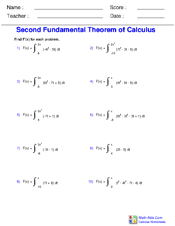 Second Fundamental Theorem of Definite Integration Worksheets
