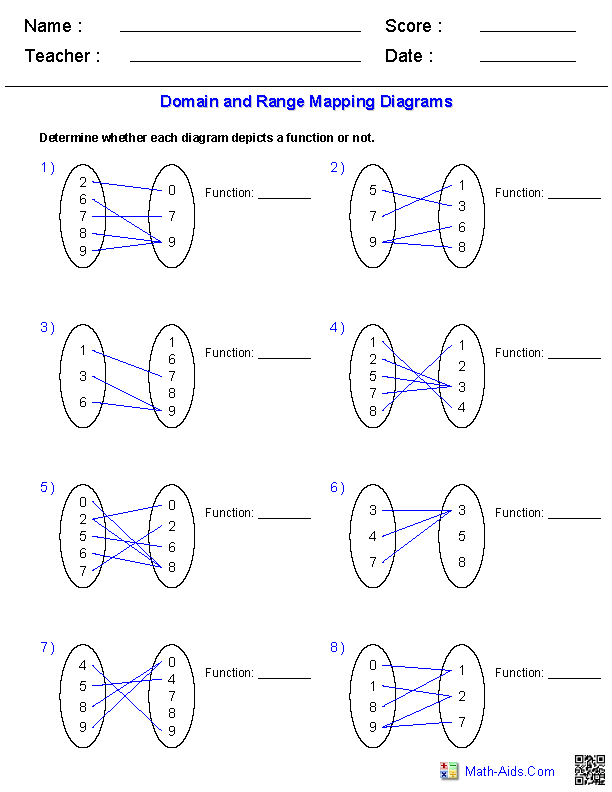 Domain & Range Algebra 1 Worksheets