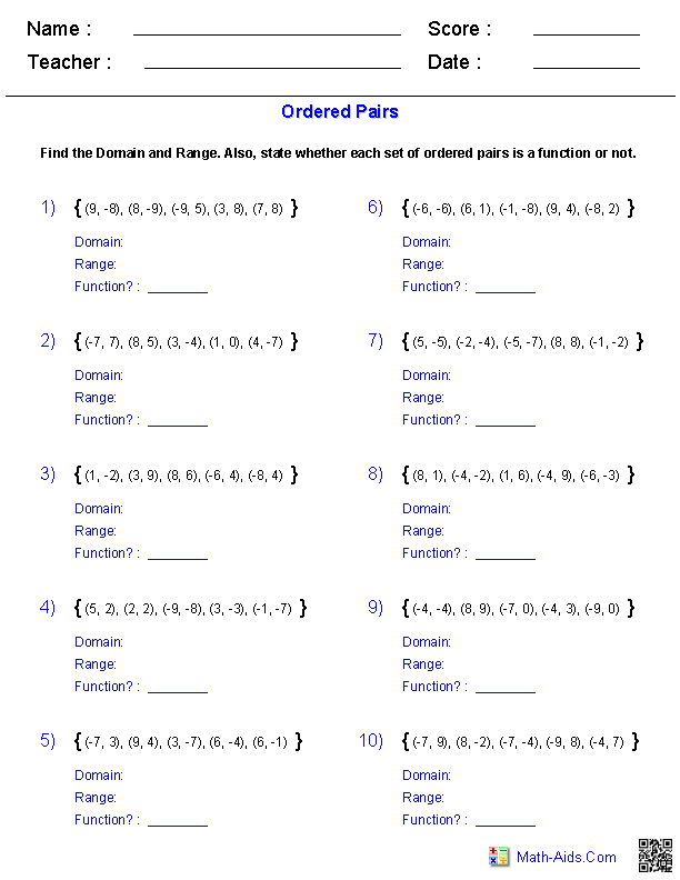 Identifying Functions from Ordered Pairs Domain & Range Worksheets