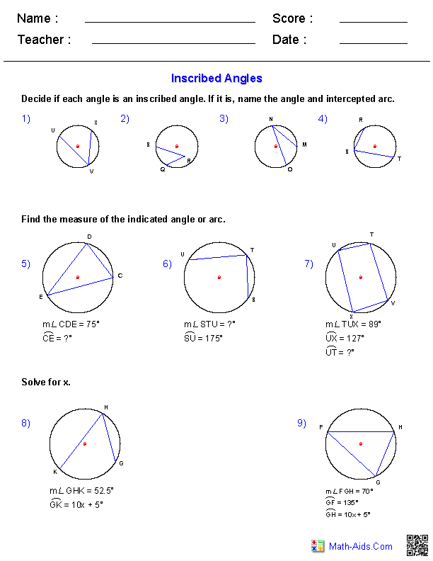 Inscribed Angles Geometry Worksheets