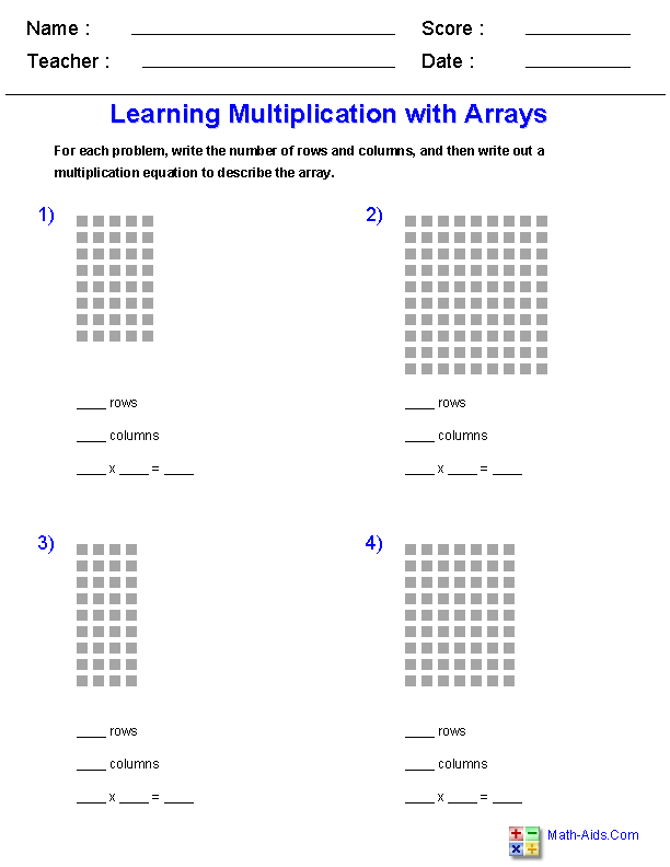 Multiplication with Arrays Multiplication Worksheets
