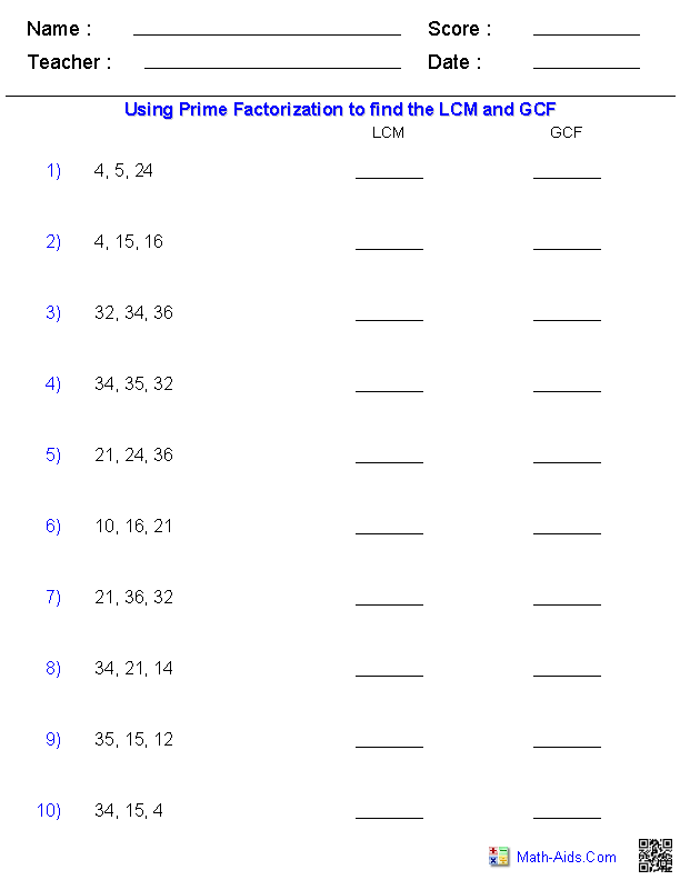 Greatest Common Multiple Worksheets