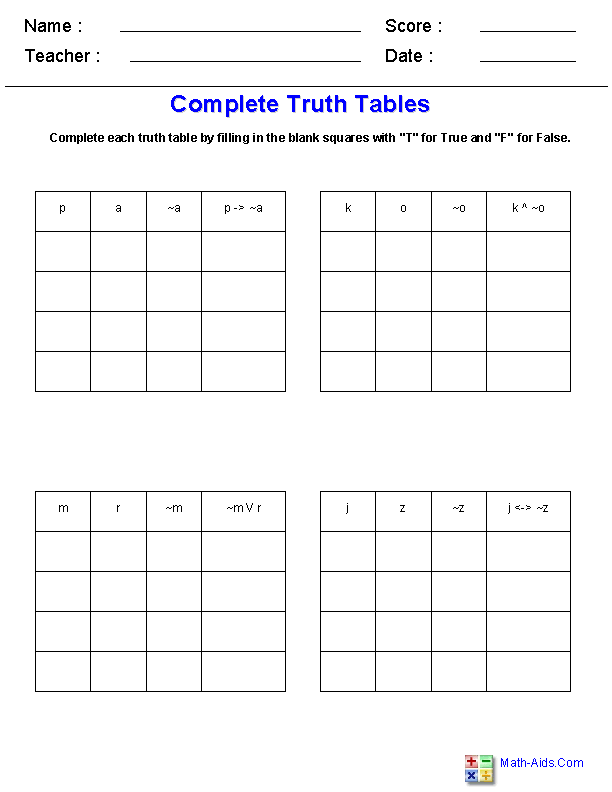Complete Truth Tables Logic Worksheets
