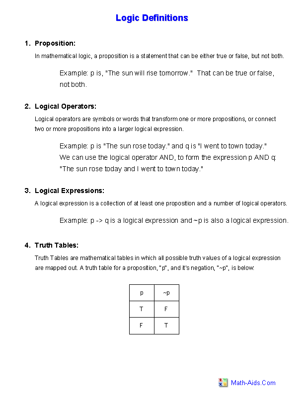 Logic Definitions Handout Logic Worksheets
