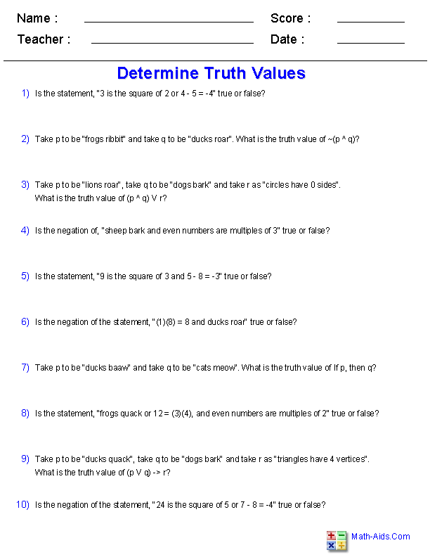 Determine Truth Values Logic Worksheets