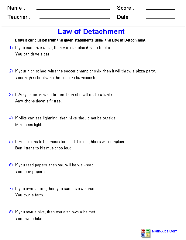 Law of Detachment Logic Worksheets