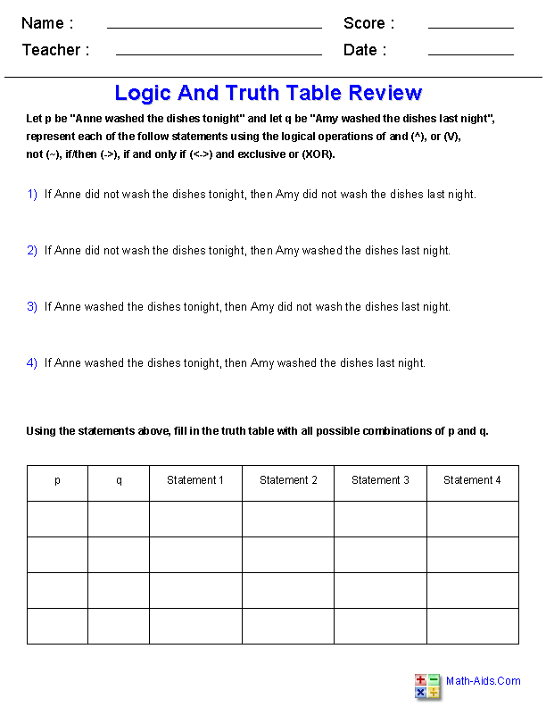 Logic Truth Table Review Logic Worksheets
