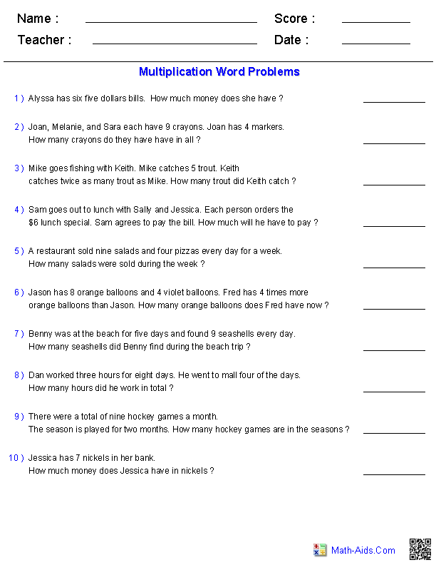 Word Problems With Multiplication Worksheets