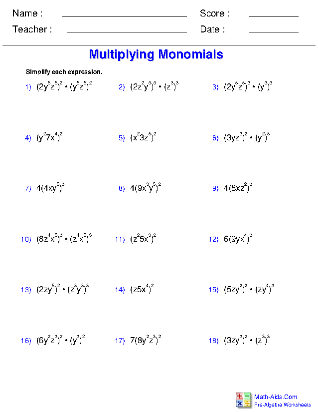 Monomial Polynomial Multiplication Worksheets