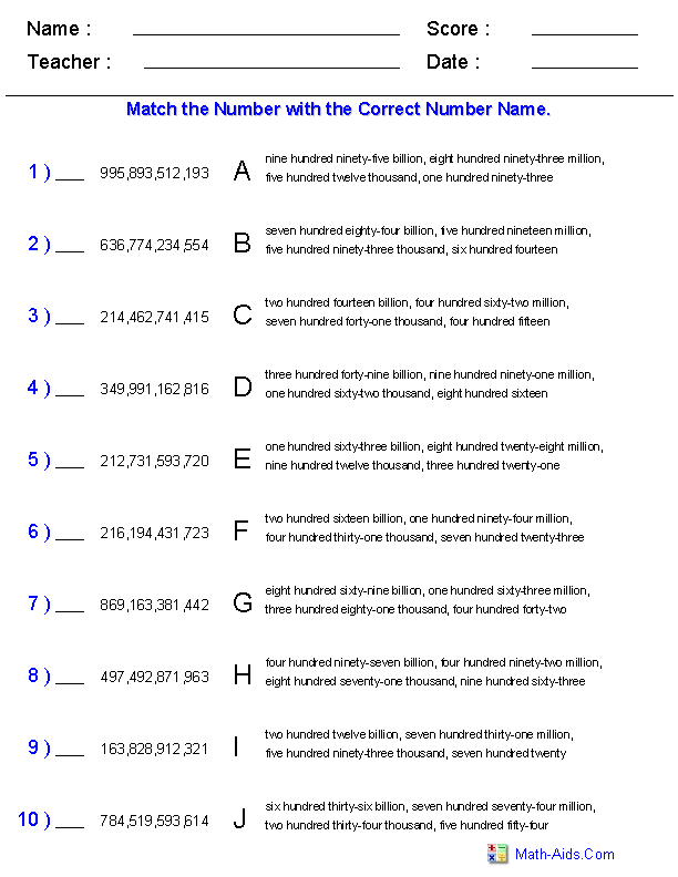 Match Billions with Word Names Place Value Worksheets