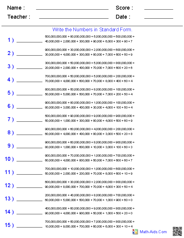 Standard Form Billions Place Value Worksheets