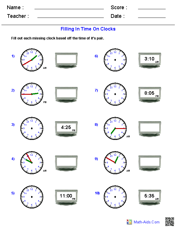 Reading Analog and Digital Clocks Time Worksheets