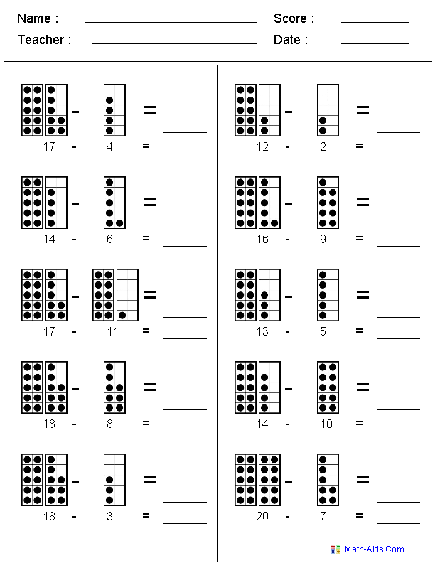 Subtracting with Dots to 20 Subtraction Worksheets