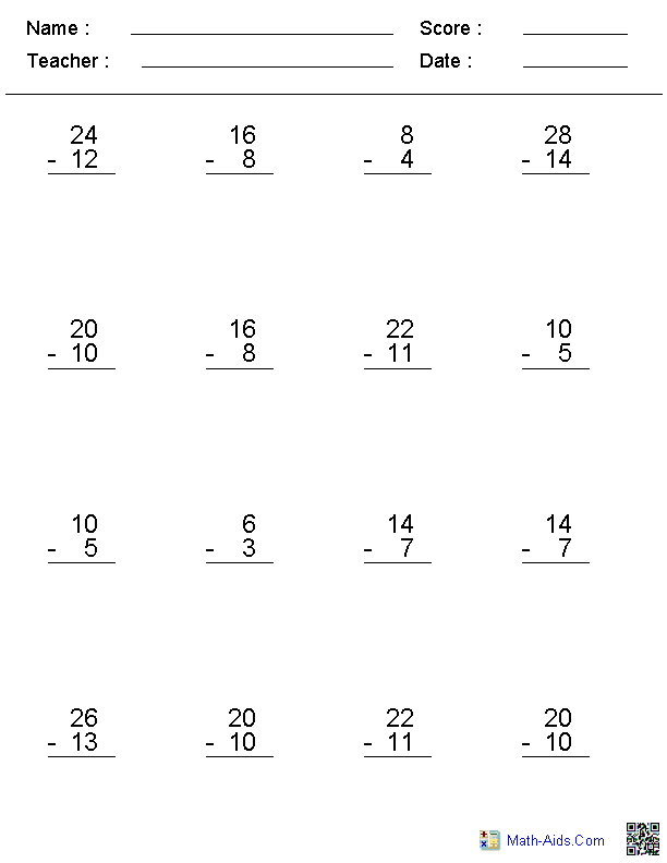 Subtracting Doubles Subtraction Worksheets